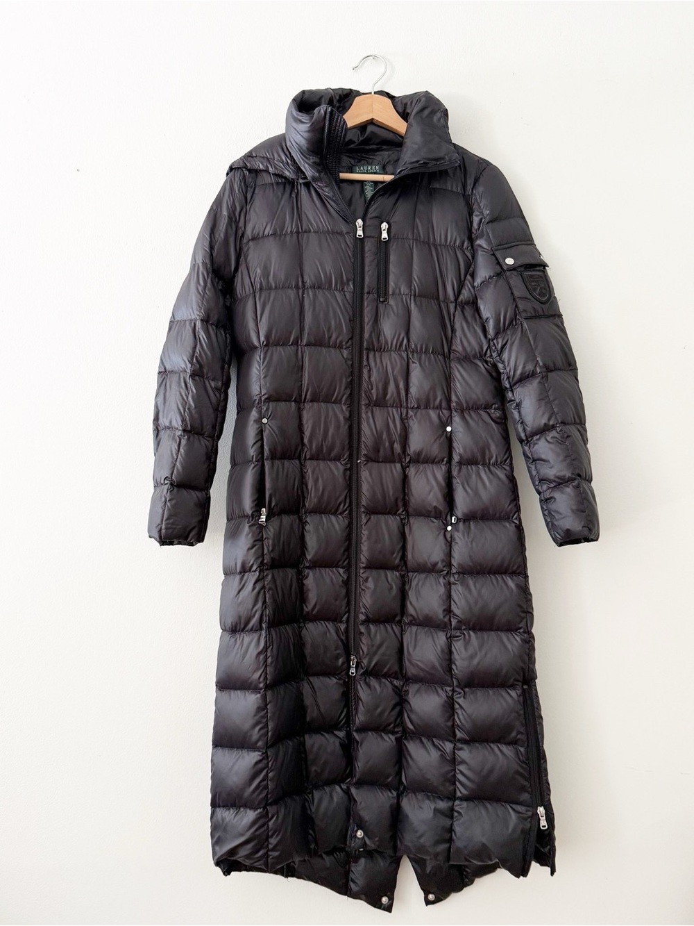 Ralph Lauren Long Puffer Coat Hooded Womens Small Black Quilted Down Jacket LRL.